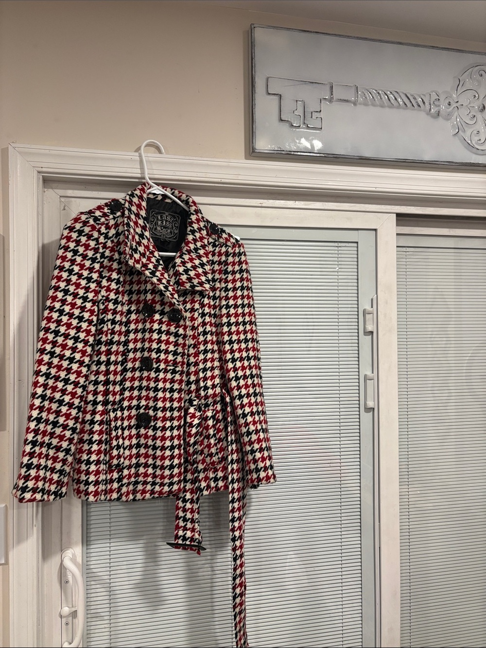 last kiss Black White Red Houndstooth Belted Peacoat